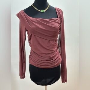 300. Mauve One Off-Shoulder Mesh Top Crossover Overlay Design With Ruched Detail